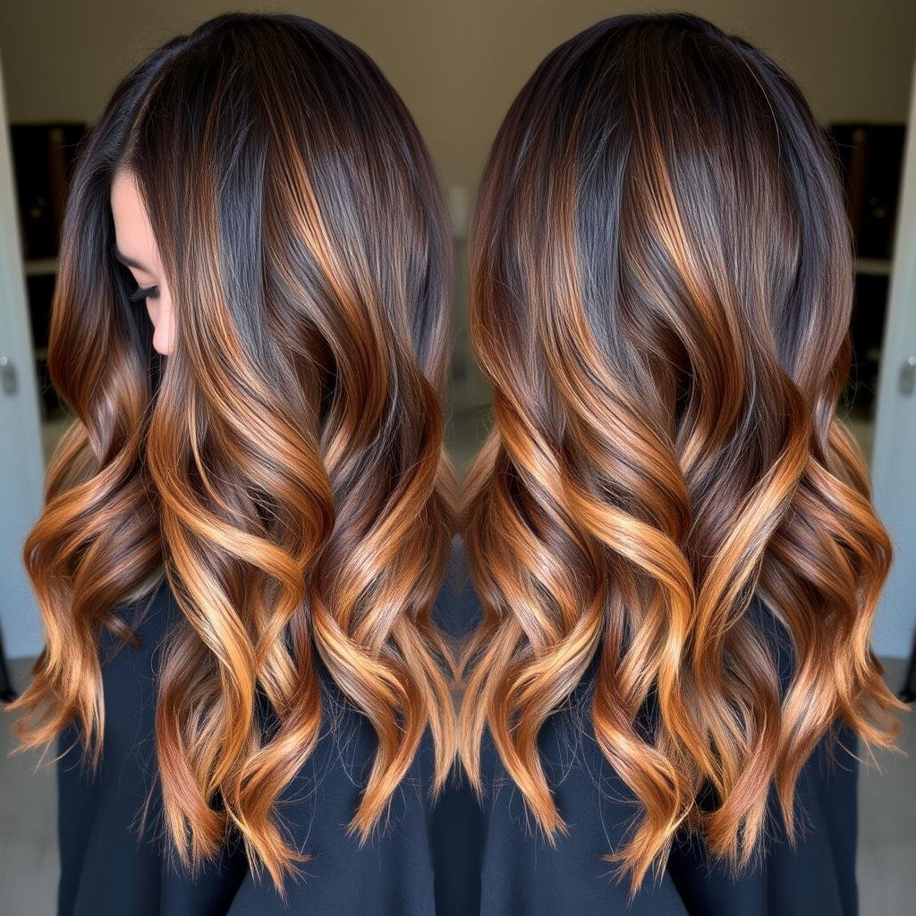 Caramel balayage on dark brunette hair creating natural dimension
