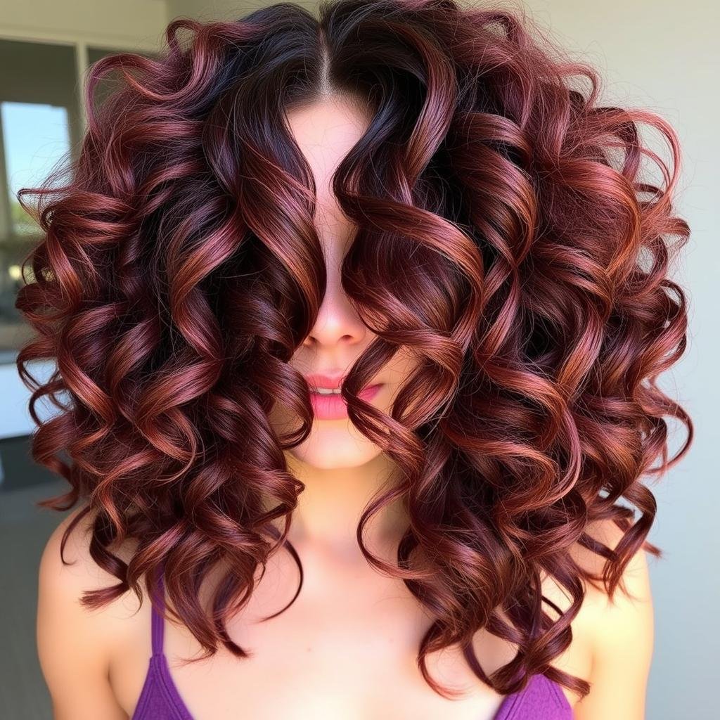 Cherry cola hair color on curly texture showing natural movement and dimension