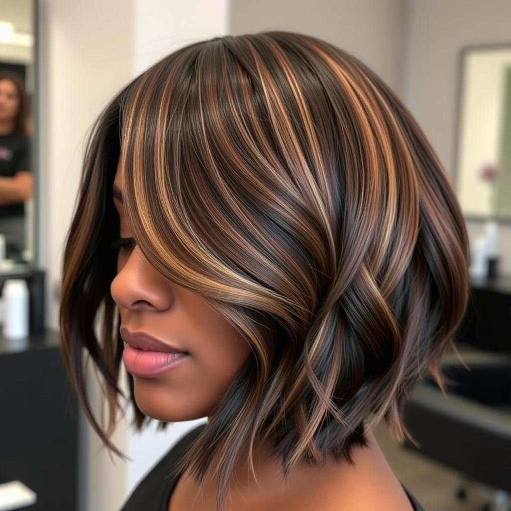 Chestnut money piece highlights on black hair