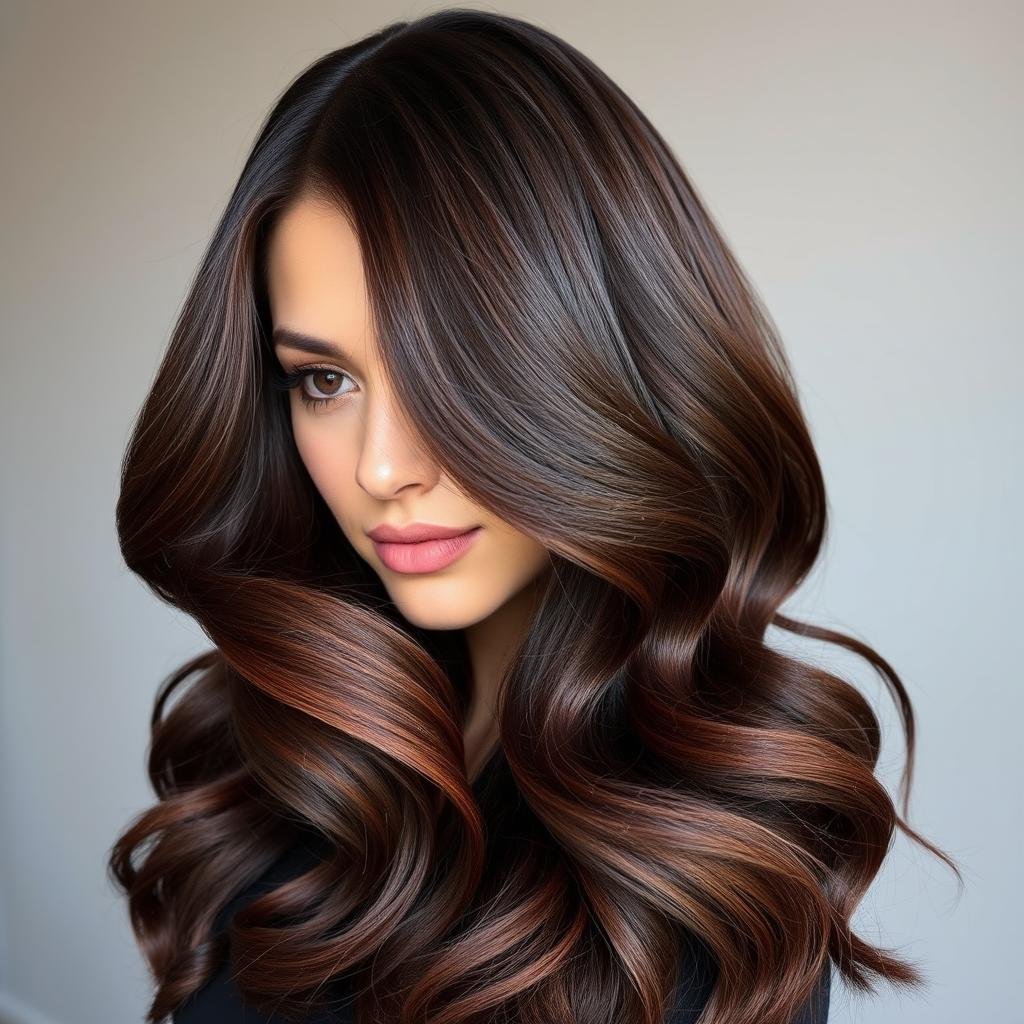 Chocolate cherry dimensional brunette with subtle red tones
