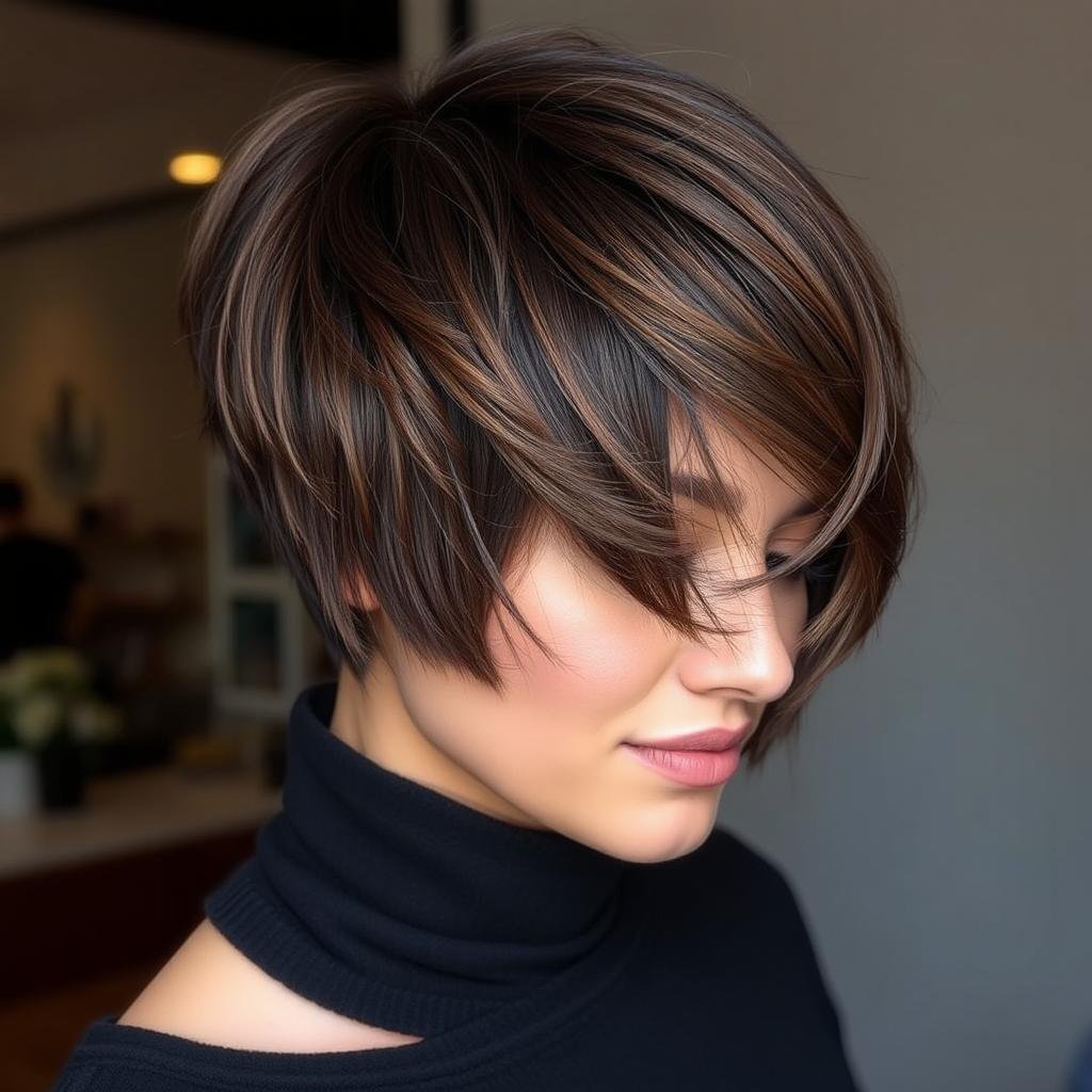 Chocolate dimension on dark brunette pixie cut