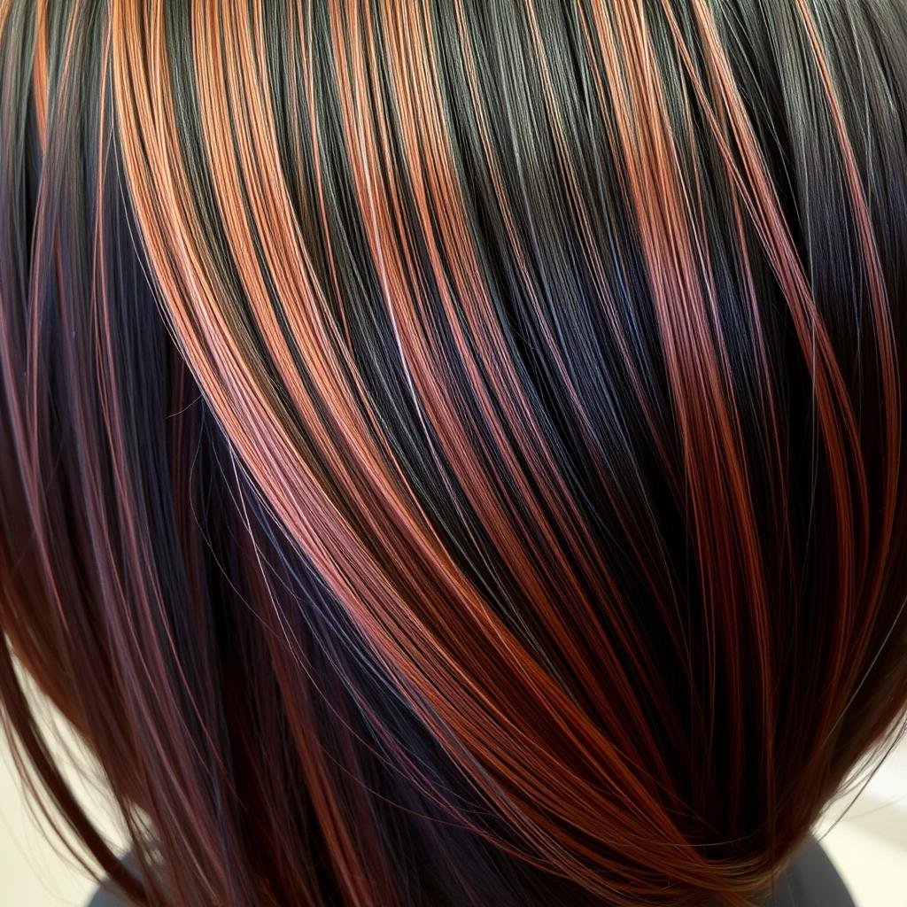 Close-up of auburn highlights on black hair showing reddish-brown tones