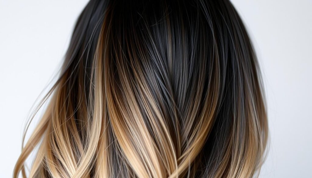 Close-up of black hair with blonde ombre showing the dramatic color transition