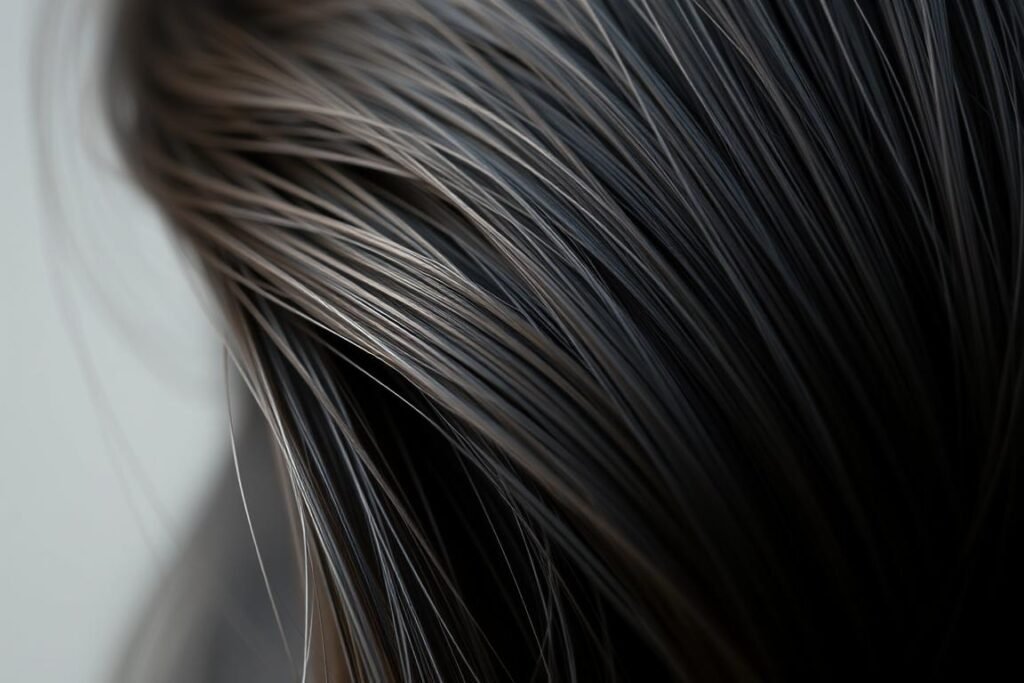 Close-up of black hair with subtle honey highlights showing texture and dimension