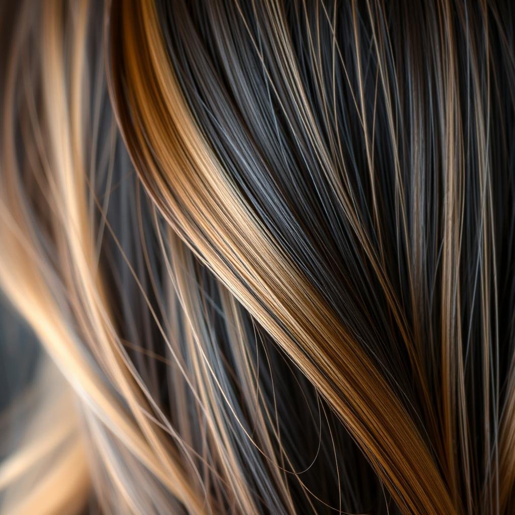 Close-up of caramel highlights on black hair showing warm golden brown tones