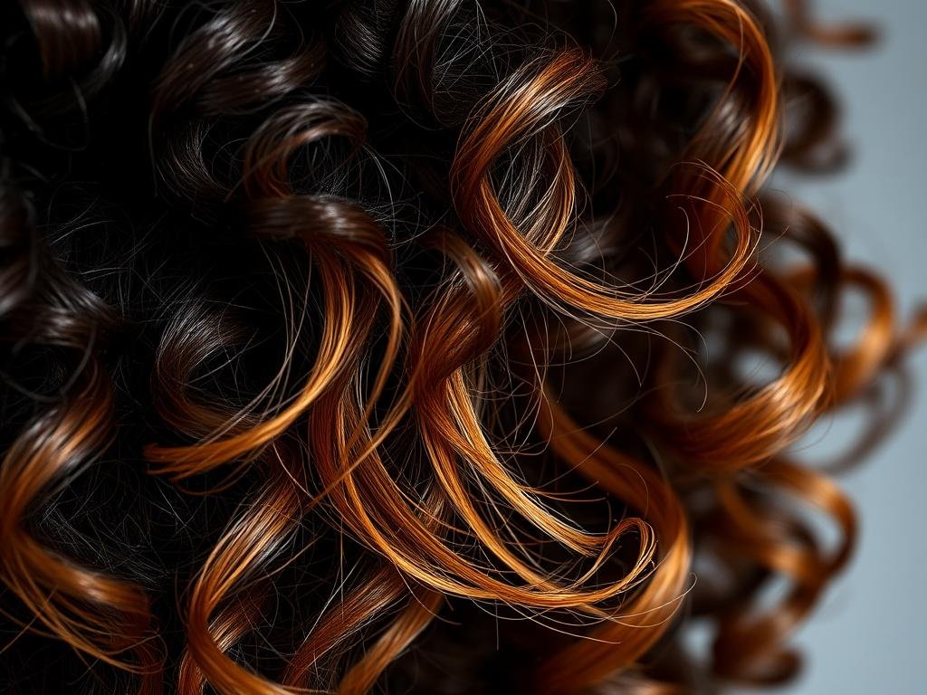 Close-up of caramel highlights on dark curly hair showing dimension and texture Close-up of caramel highlights on dark curly hair showing dimension and texture