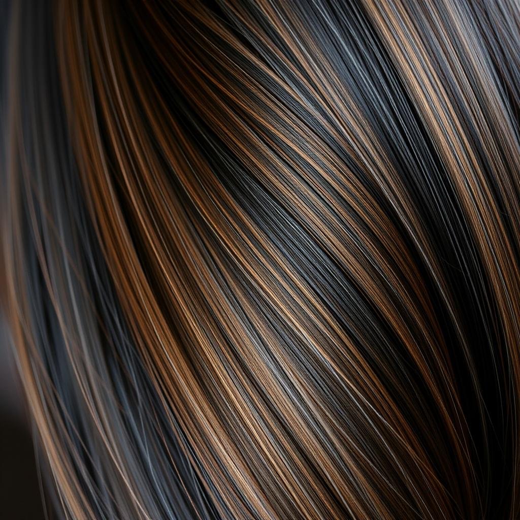 Close-up of chestnut brown highlights on black hair showing rich medium brown tones