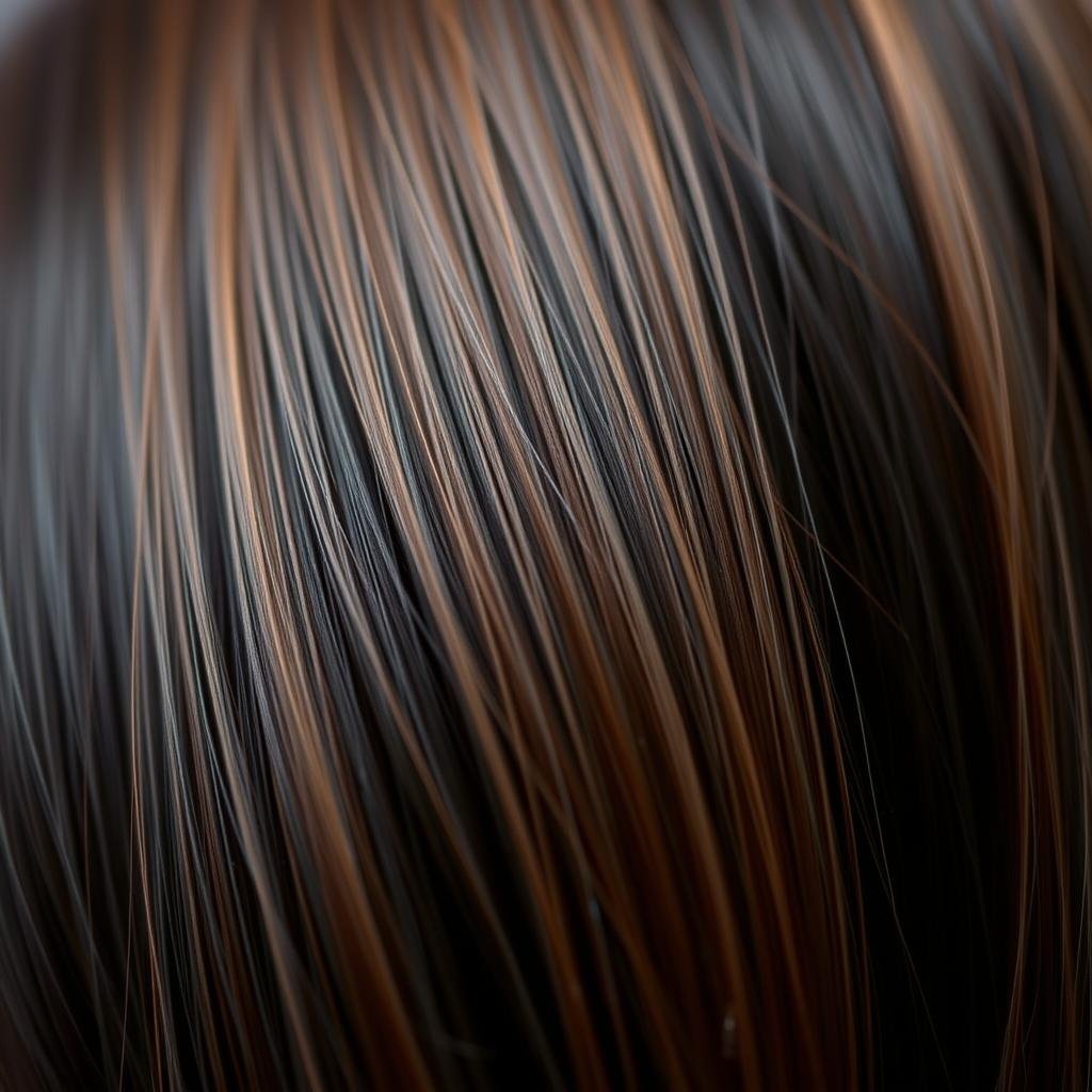 Close-up of chocolate brown highlights on black hair showing deep brown tones