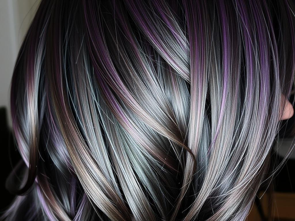 Close-up of dark hair with subtle purple highlights throughout
