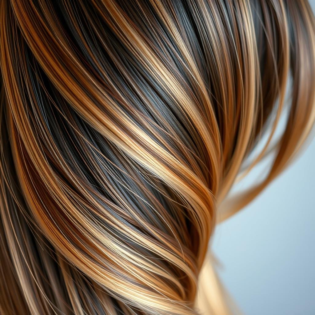 Close-up of honey highlights on black hair showing light golden-brown tones