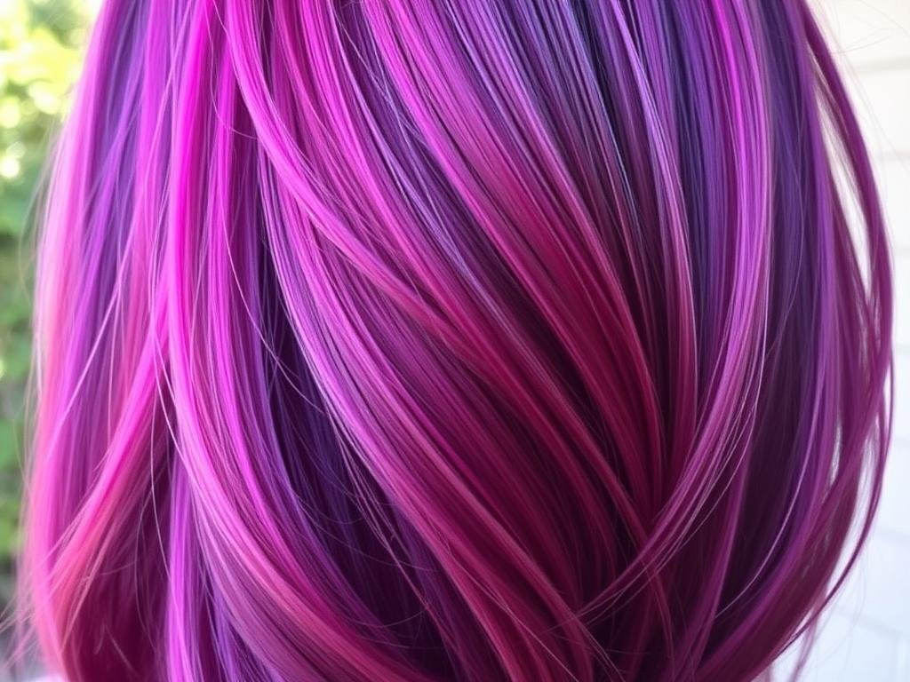 Close-up of magenta-purple hair color blend showing dimension