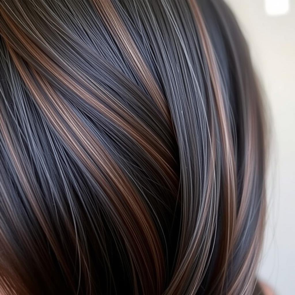 Close-up of mocha highlights on black hair showing cool-toned brown highlights