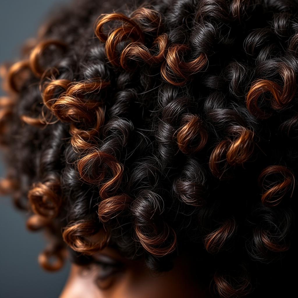 Close-up of tight coily hair with caramel highlights enhancing curl definition Close-up of tight coily hair with caramel highlights enhancing curl definition