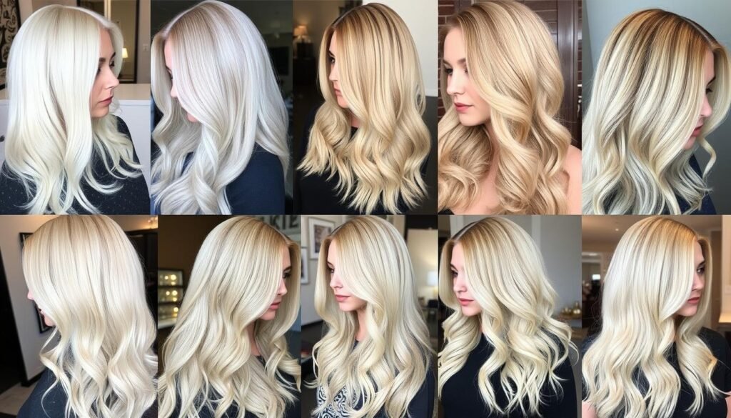 Collage of different blonde hair color ideas showing various shades and techniques Collage of different blonde hair color ideas showing various shades and techniques
