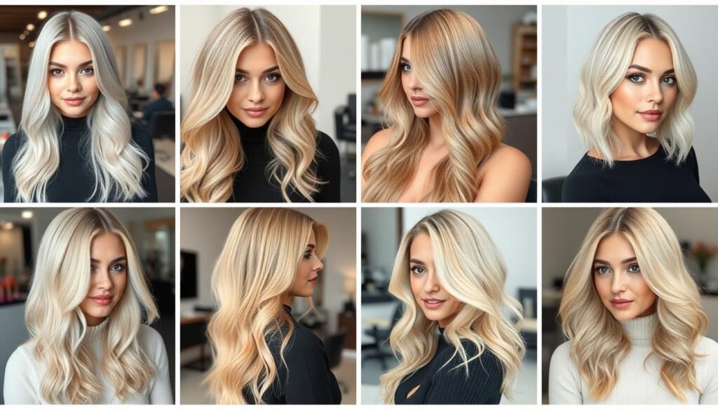 Collage of different blonde hair color ideas showing various shades from platinum to honey blonde