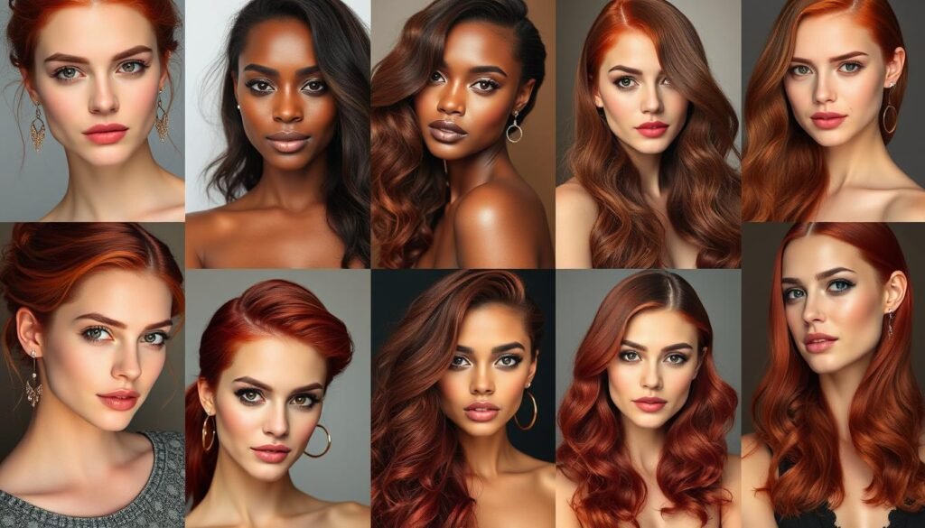 Collage of different cherry red hair color variations on diverse models Collage of different cherry red hair color variations on diverse models