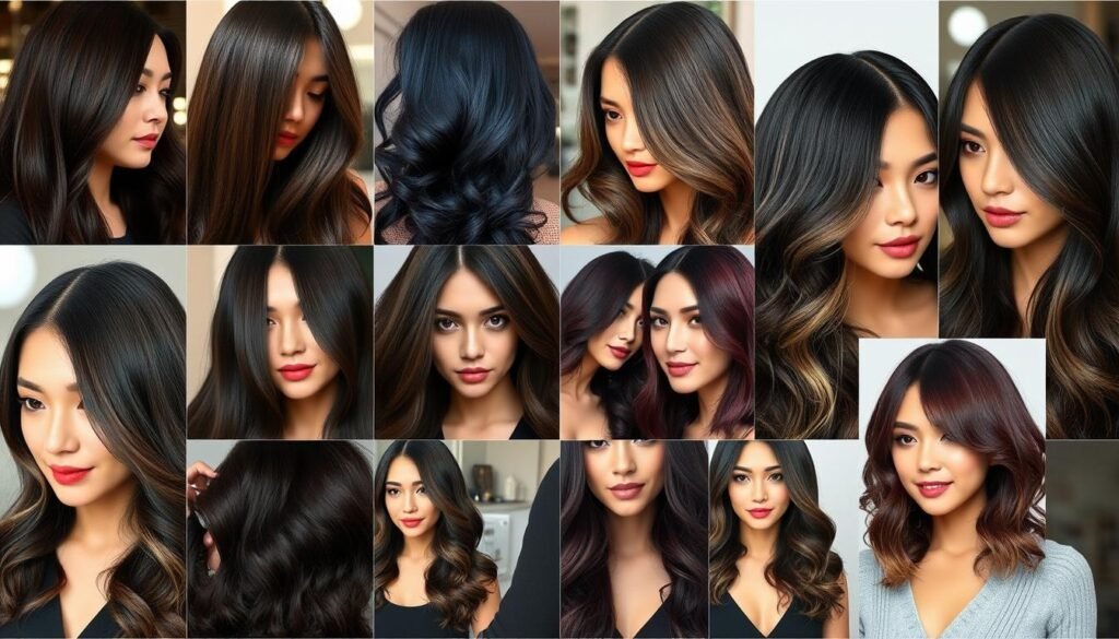 Collage of various stunning dark hair color ideas showing the versatility of dark hair Collage of various stunning dark hair color ideas showing the versatility of dark hair