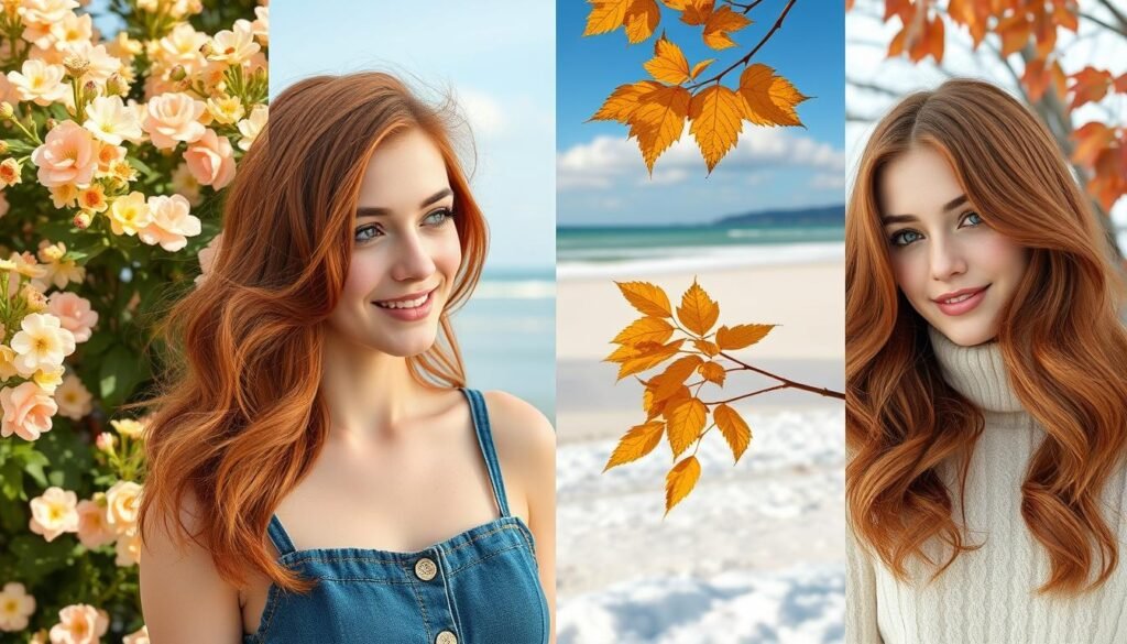 Collage showing the same woman with brown red hair styled for different seasons Collage showing the same woman with brown red hair styled for different seasons