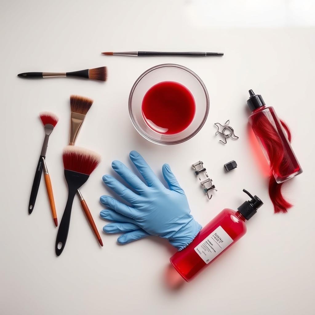 Collection of application tools for deep red hair color including brushes and bowls