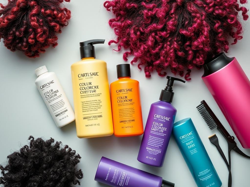 Collection of color-safe curl products for maintaining colored curly hair Collection of color-safe curl products for maintaining colored curly hair