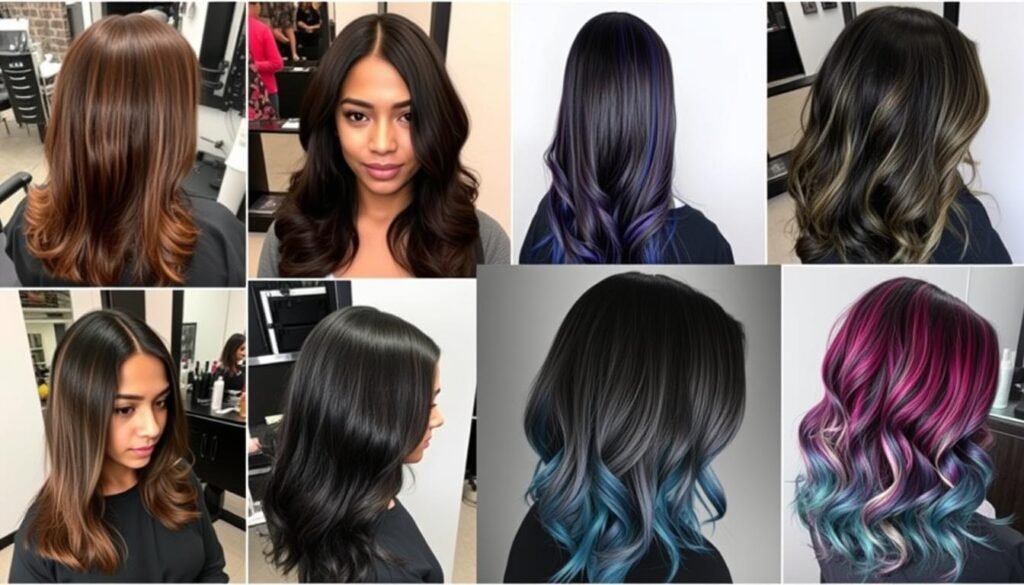 Collection of different hair color ideas for black hair showing the variety of options available Collection of different hair color ideas for black hair showing the variety of options available