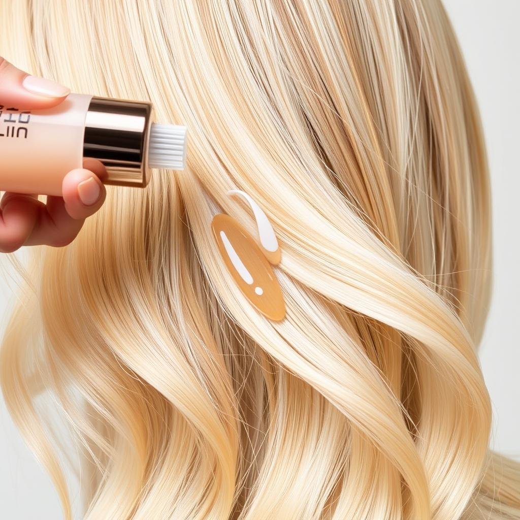 Color-enhancing gloss being applied to blonde hair Color-enhancing gloss being applied to blonde hair