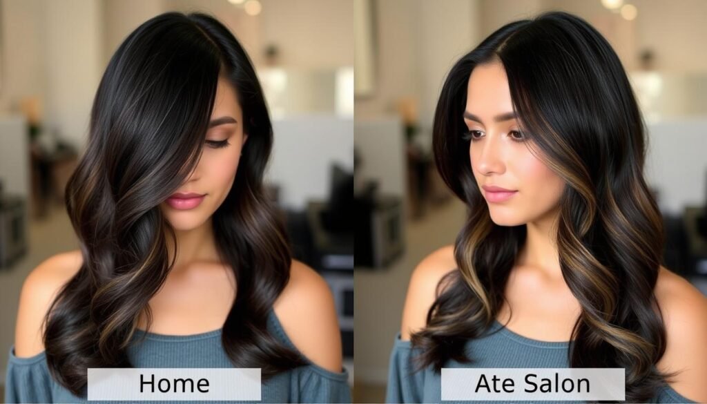 Comparison of DIY and salon subtle highlights on black hair Comparison of DIY and salon subtle highlights on black hair