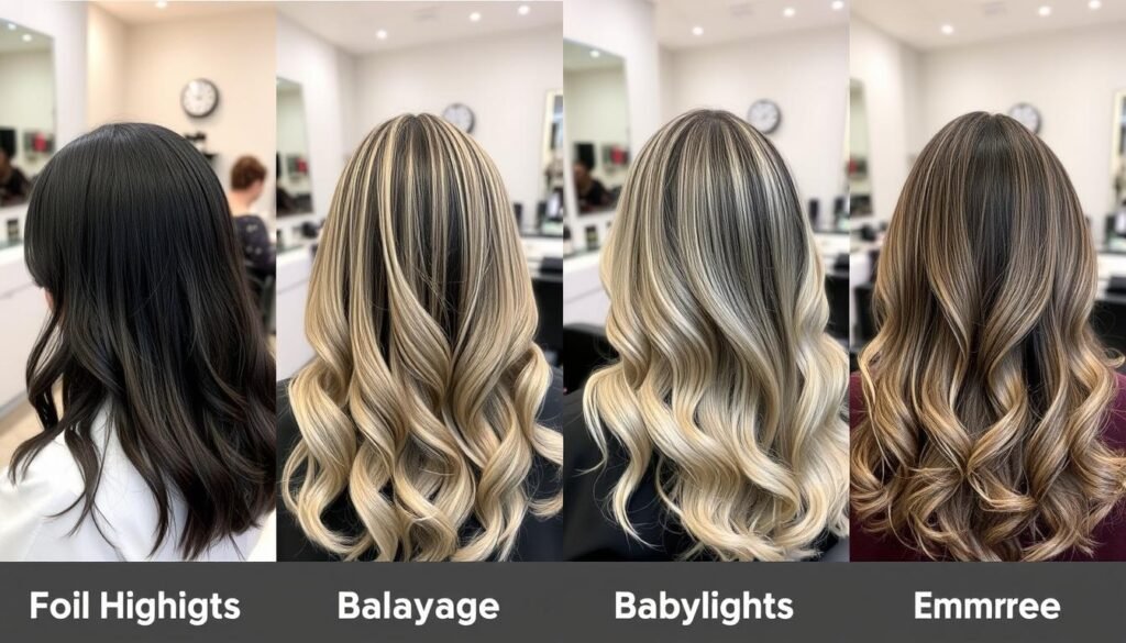 Comparison of different blonde highlighting techniques on black hair