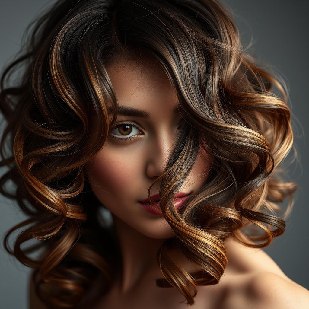Curled hairstyle that reveals peekaboo highlights through the layers