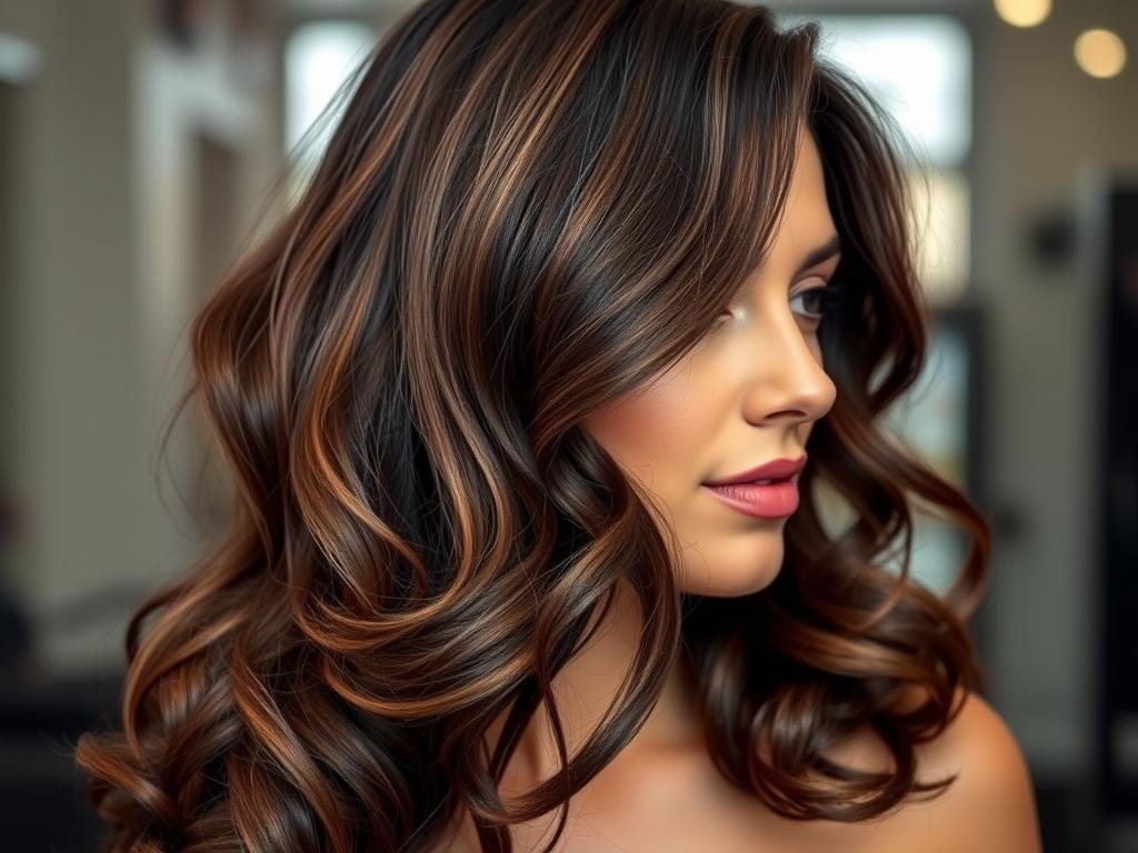 Curled style showing peekaboo highlights in dark brown hair