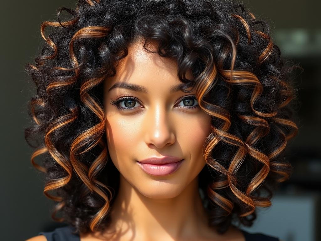 Curly black hair with subtle chestnut highlight ribbons Curly black hair with subtle chestnut highlight ribbons