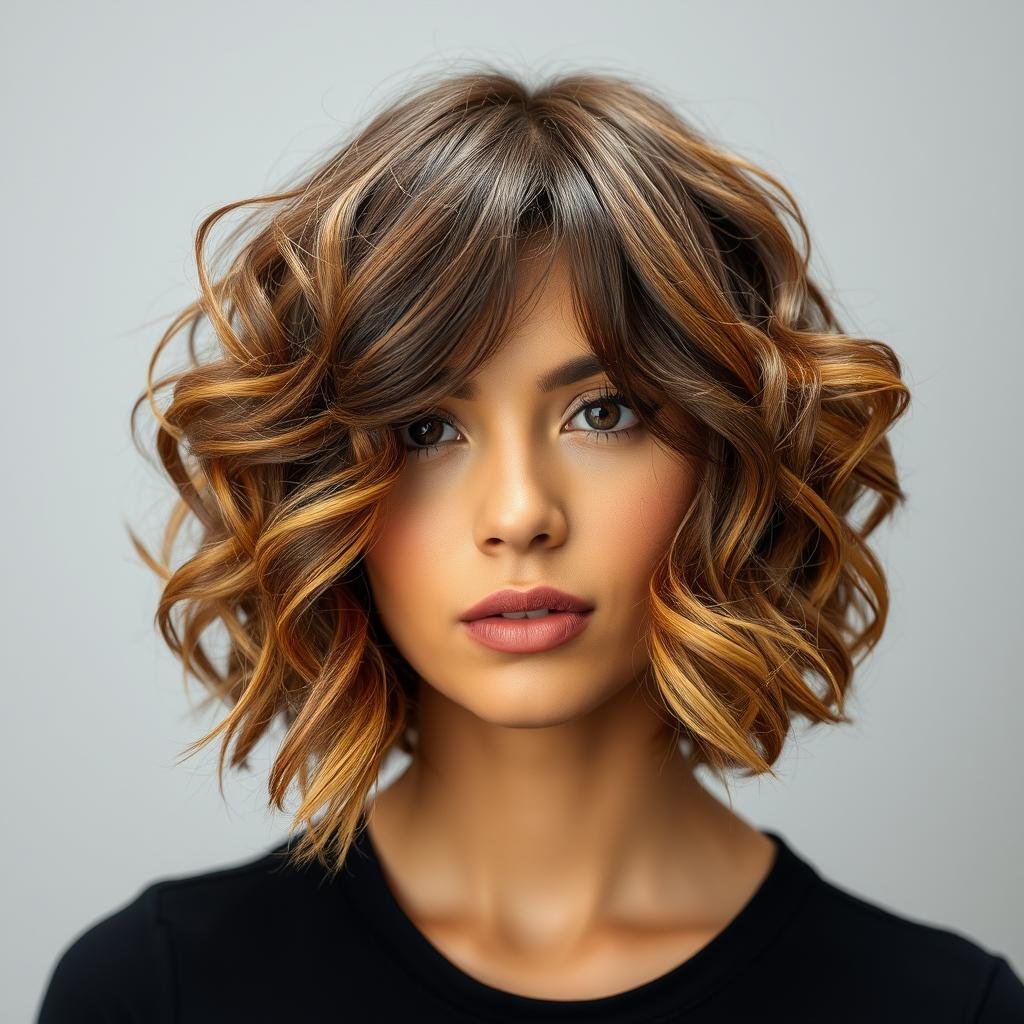 Curly bob with caramel highlights framing the face Curly bob with caramel highlights framing the face