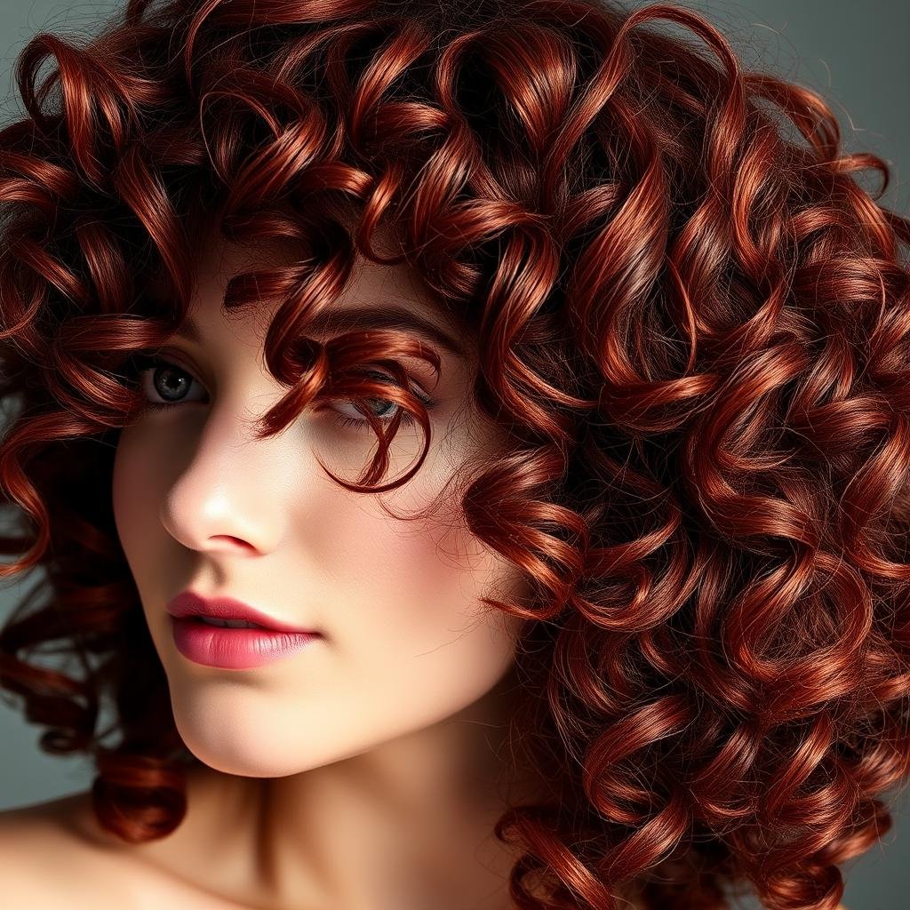 Curly deep cherry red hair showing natural texture and dimension