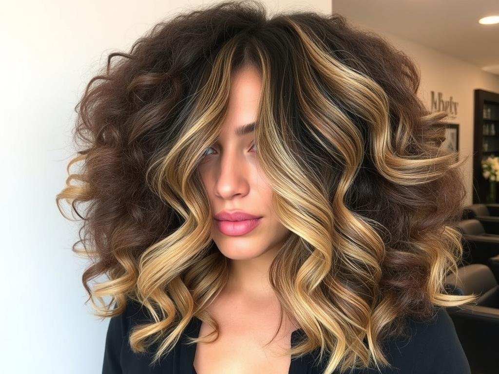 Curly hair with balayage highlights showing natural gradient effect