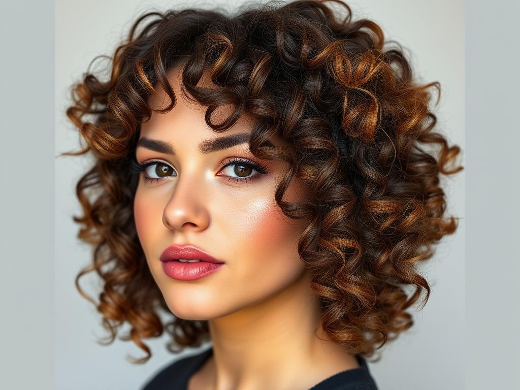 Curly hair with face-framing highlights brightening the face