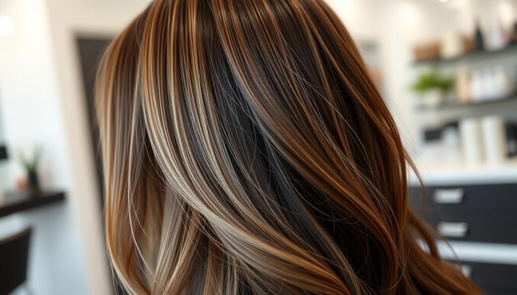 Dark brown hair with blonde peekaboo highlights showing the placement under the top layer