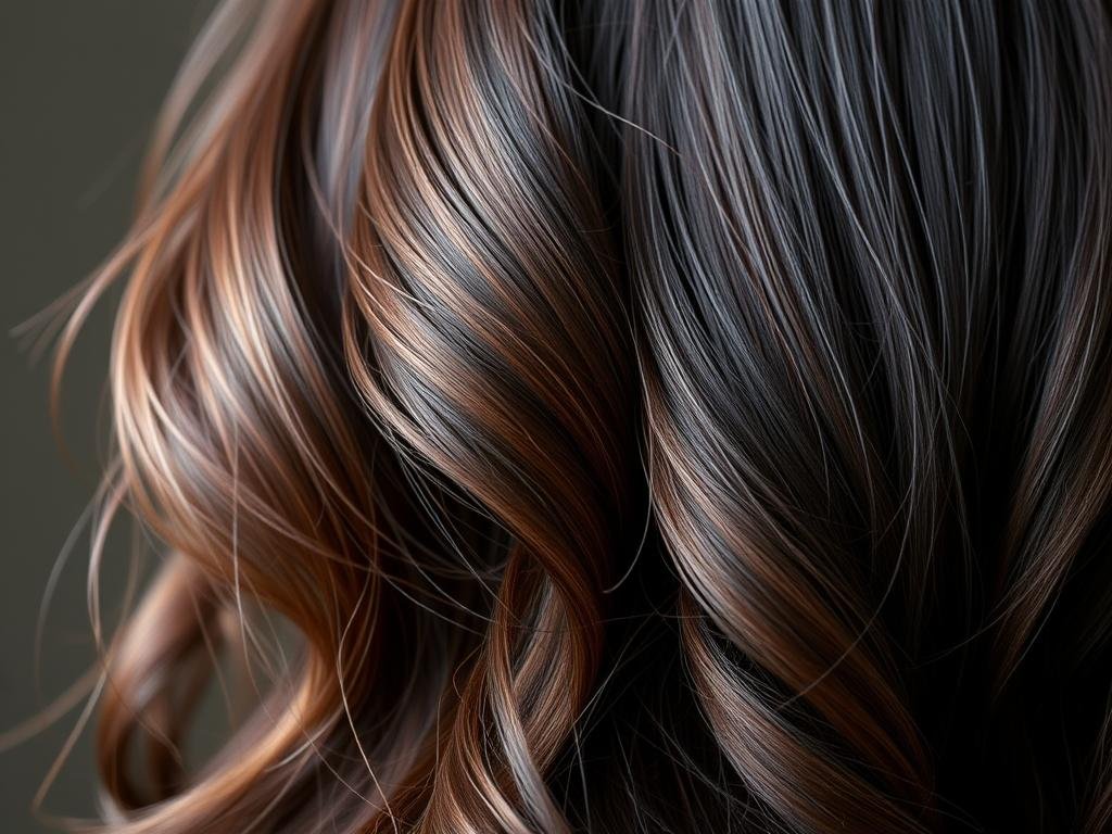 Dark brown hair with burgundy peekaboo highlights