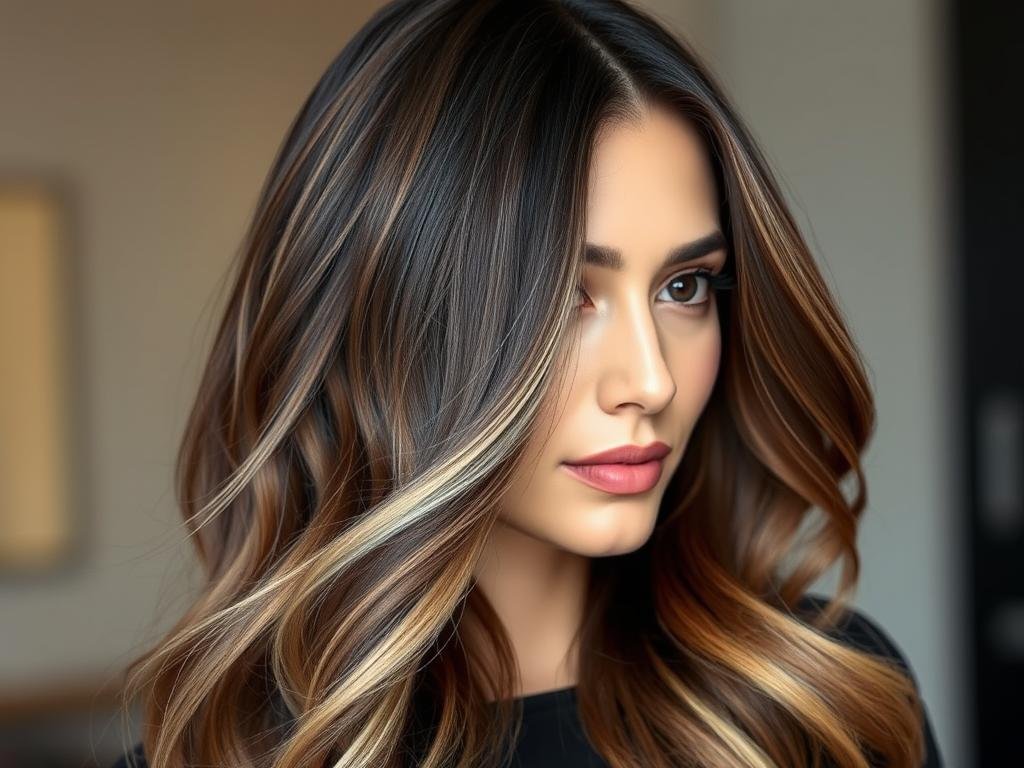 Dark brown hair with classic blonde peekaboo highlights