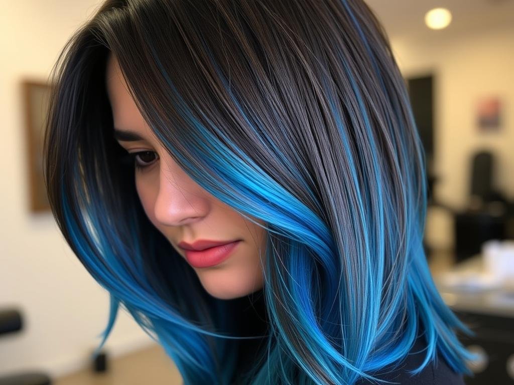 Dark brown hair with electric blue peekaboo highlights