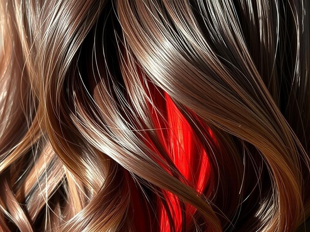 Dark brown hair with fiery red peekaboo highlights