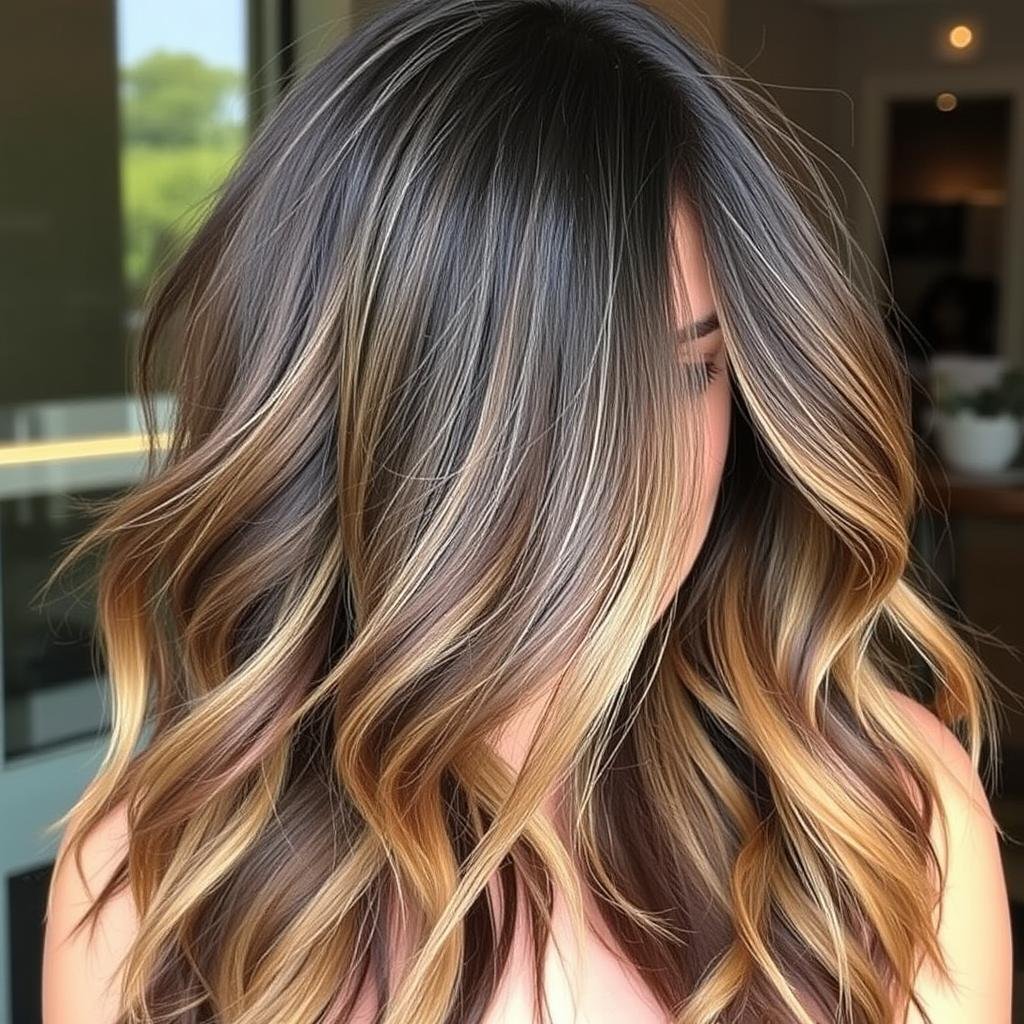 Dark brown hair with peekaboo highlights on the ends