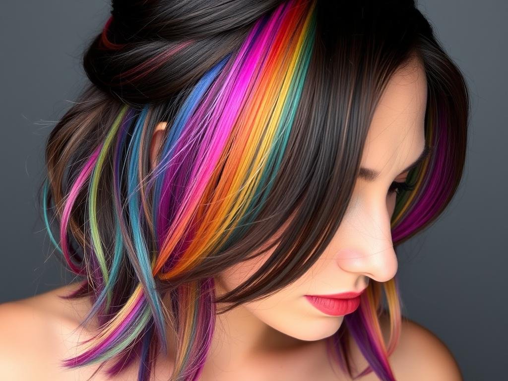 Dark brown hair with rainbow peekaboo highlights