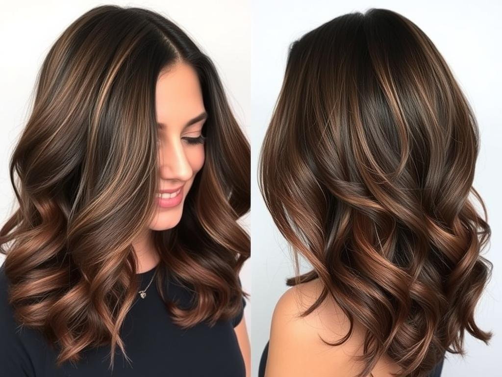 Dark brown hair with rose gold peekaboo highlights