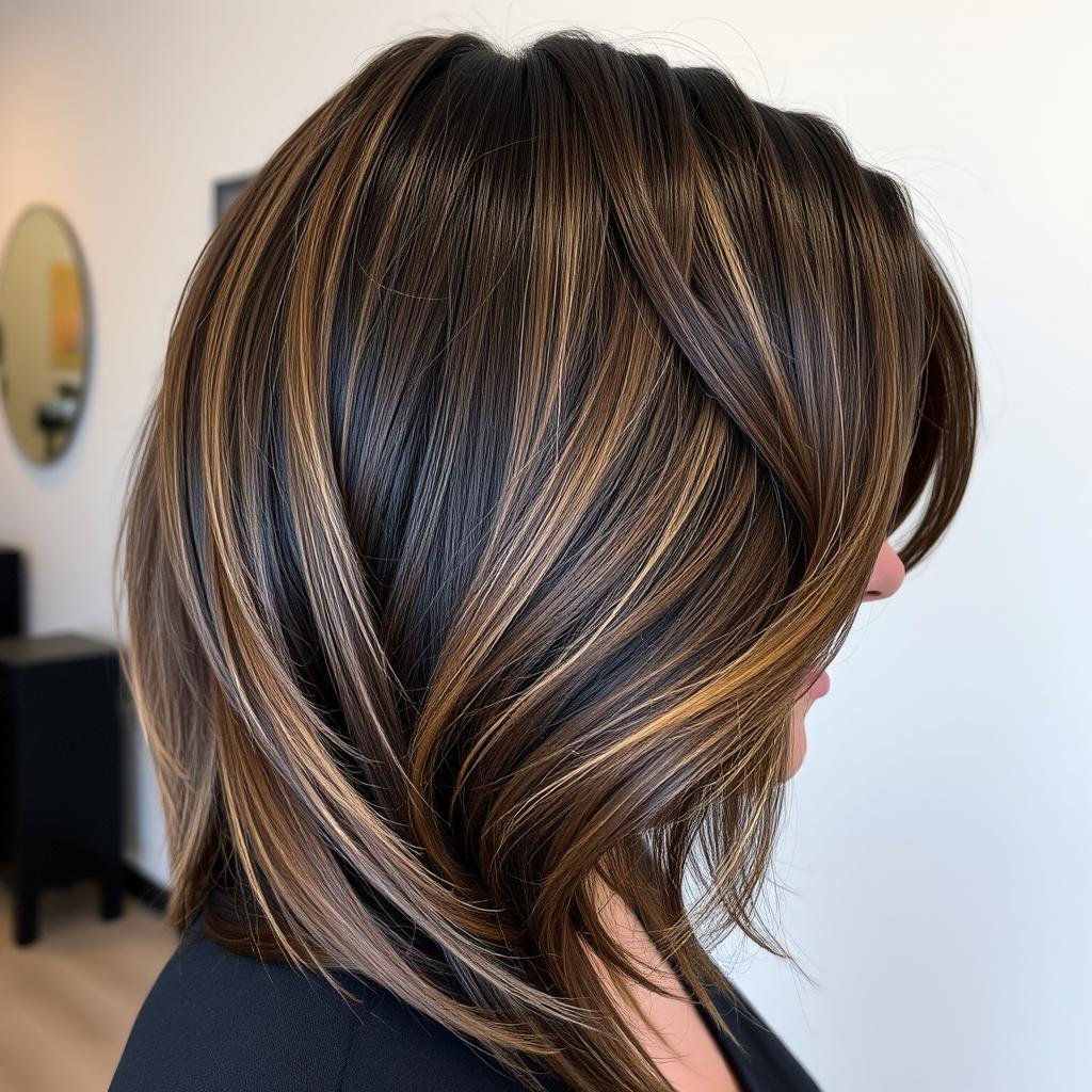 Dark brown hair with side peekaboo highlights