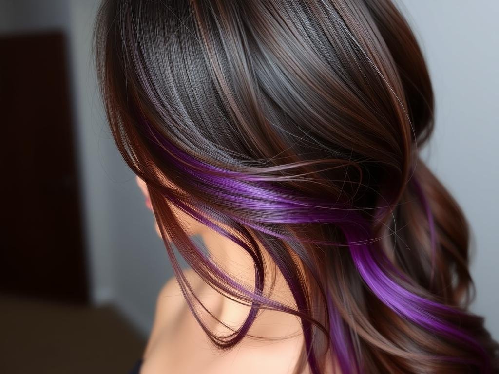 Dark brown hair with vibrant purple peekaboo highlights