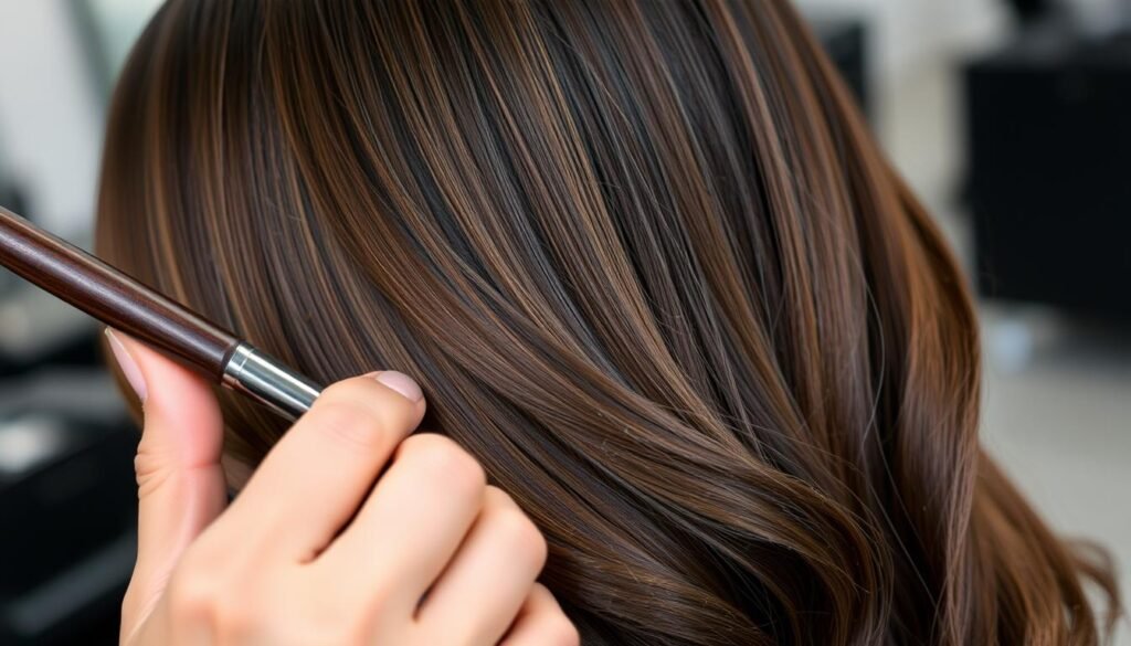 Dark brunette balayage showing hand-painted highlights for natural dimension
