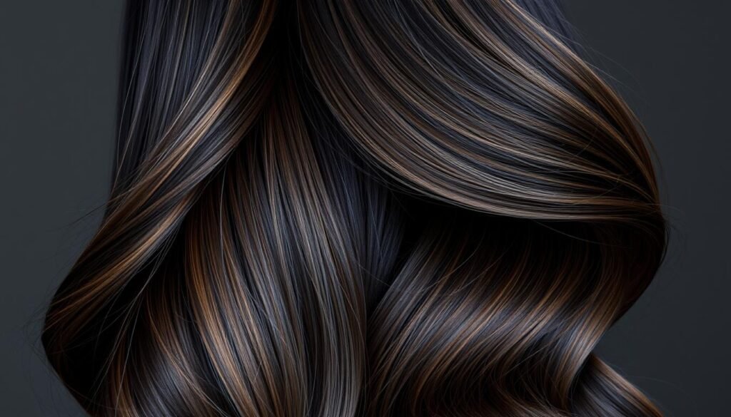 Dark brunette hair with ash brown dimension showing cool-toned highlights