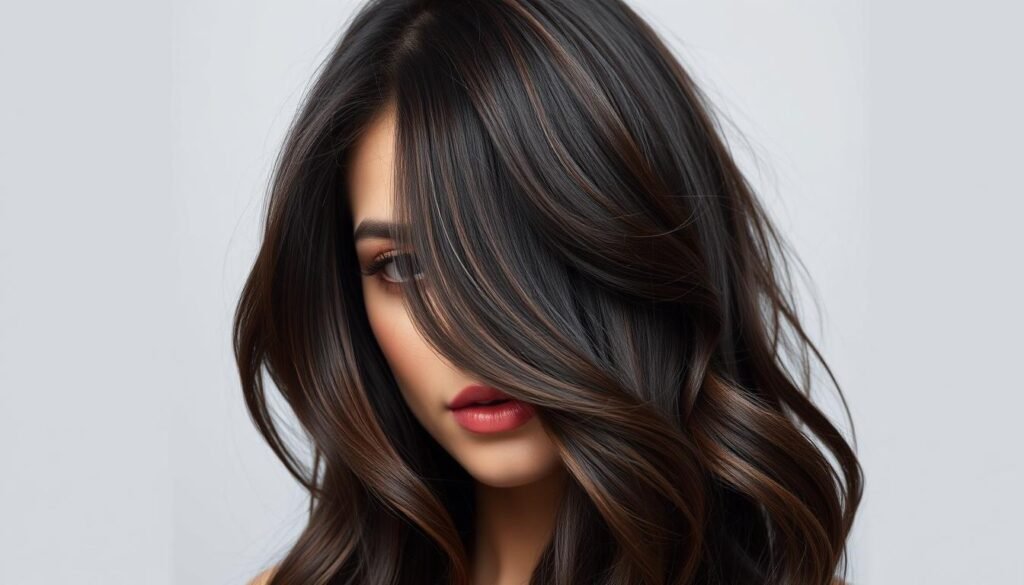 Dark brunette hair with bold money piece highlights framing the face