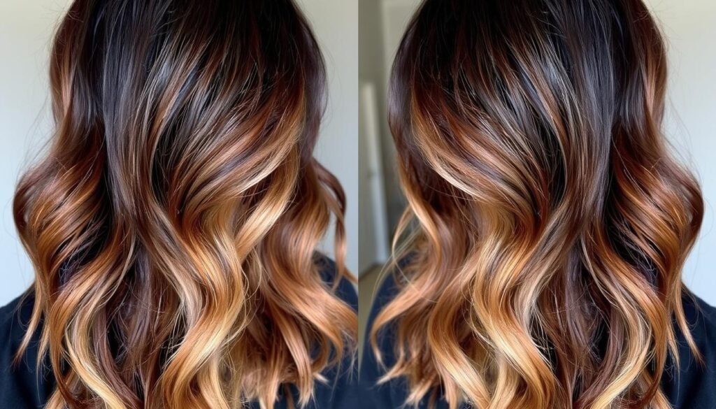 Dark brunette hair with bronde dimension showing transition to lighter ends