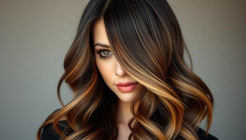 Dark brunette hair with caramel dimension highlights